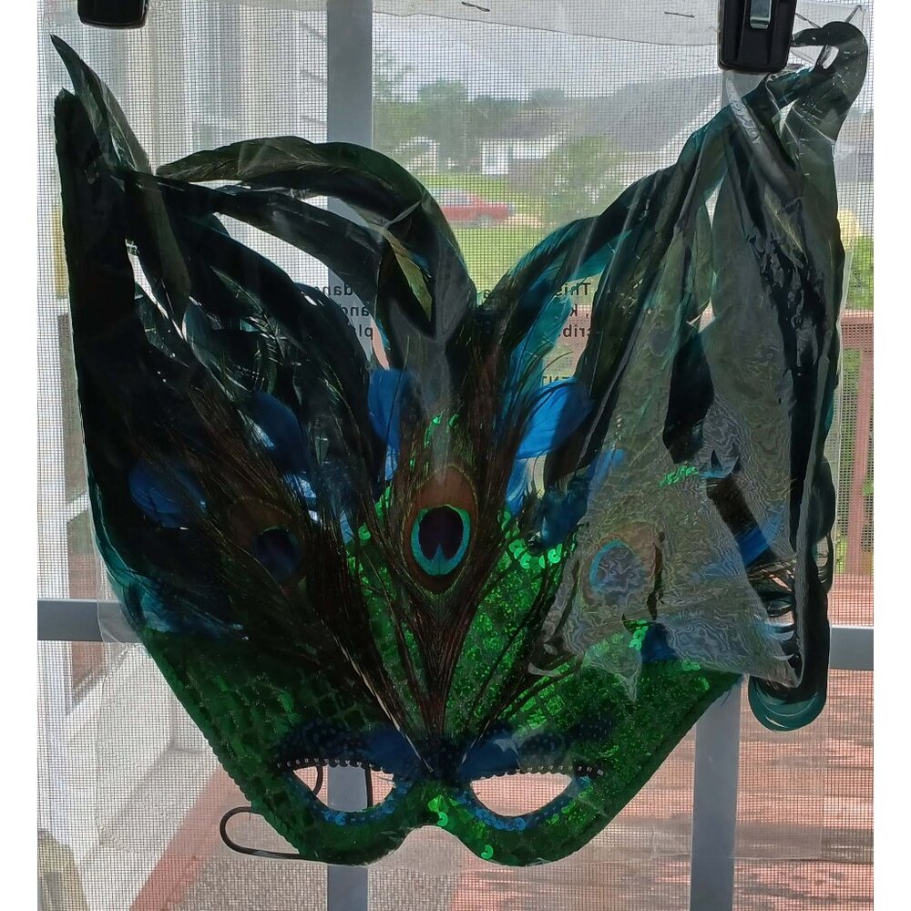 Peacock Feather Mask Flame Green Mardi Gras Masquerade